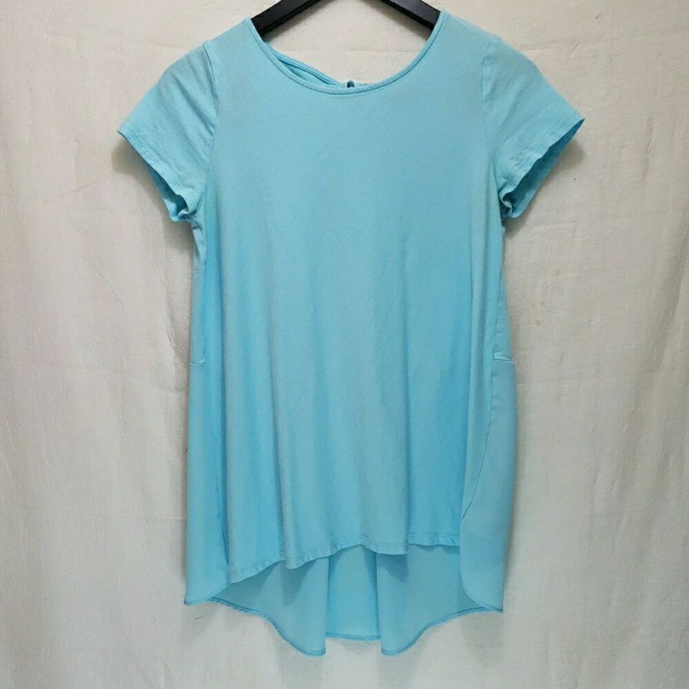 Lands' End Light Blue Knit Tunic Top Medium 10-12 Short Sleeve High Low Chiffon